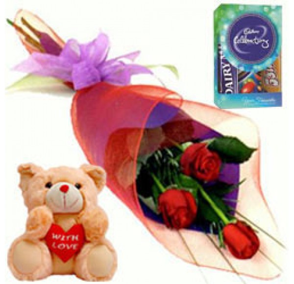 Red Rose Dowel, Cute Teddy with Cadbury 